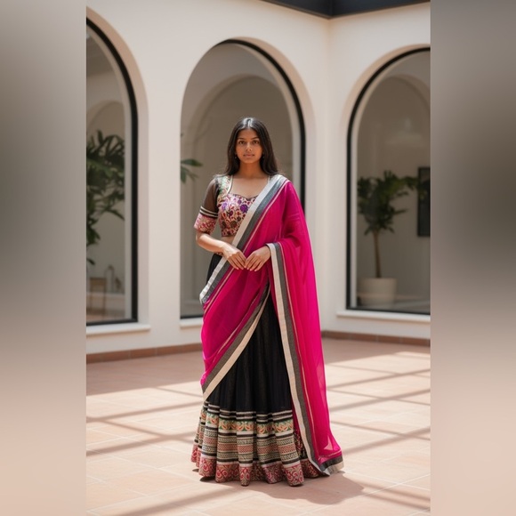 Indian Designer Black and Pink Chaniya Choli Navratri Garba Dress - Picture 2 of 15